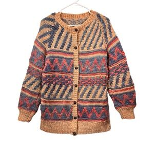 Vintage Hand Made Bulky Chunky Heavy Wool? Cardigan Sweater S/M Intarsia